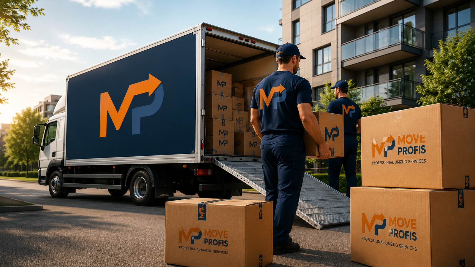Move-Profis Umzugswagen und Team bei der Arbeit